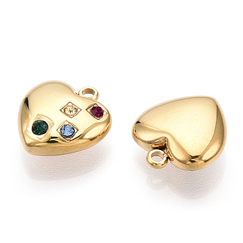 304 Stainless Steel Charms, Manual Polishing, with Rhinestone, Heart Charms, Real 14K Gold Plated, 14x13x5mm, Hole: 1.6mm