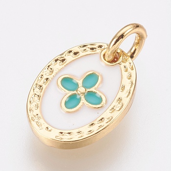 Brass Enamel Charms, Lead Free & Cadmium Free, Oval with Flower, Golden, 12x9x2mm, Hole: 2.8mm