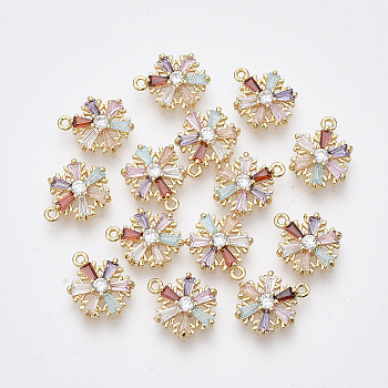 10Pcs Brass Cubic Zirconia Charms, Nickel Free, Christmas Snowflake, Colorful, Real 18K Gold Plated, 13x10x3mm, Hole: 1mm