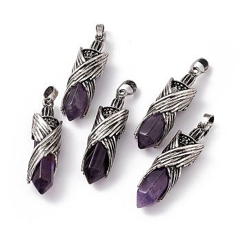 Natural Amethyst Pendants, Faceted Bullet Charms, Rack Plating Antique Silver Tone Brass Wing Findings, Cadmium Free & Lead Free, 42.5x12.5x11mm, Hole: 8x5mm