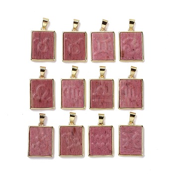 12Pcs 12 Styles Natural Rhodonite Pendants, Rectangle Charms with Twelve Constellations, with Rack Plating Light Gold Tone Brass Findings, Cadmium Free & Lead Free, 22x16x3.5mm, Hole: 6x4mm, 1pc/style