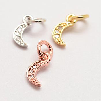 Brass Micro Pave Grade AAA Cubic Zirconia Charms, Long-Lasting Plated, Moon, Cadmium Free & Nickel Free & Lead Free, Mixed Color, 9x4x1mm, Hole: 3mm