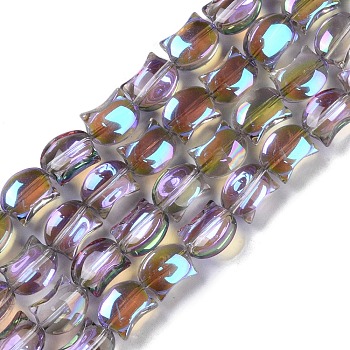 Electroplate Glass Beads Strands, Full Rainbow Plated, Cat Shape, Lilac, 8x10x5mm, Hole: 1mm, about 65pcs/strand, 24.41''(62cm)