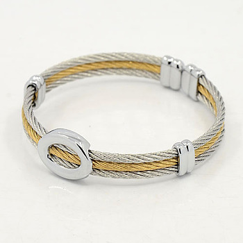 Trendy Men's Torque Bangles, 304 Stainless Steel Rope Bangles, with Metal Findings, Golden & Stainless Steel Color, 54mm