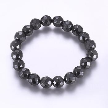 Magnetic Synthetic Hematite Beaded Stretch Bracelets, Round, Faceted, Hematite Plated, 2 inch(51mm)