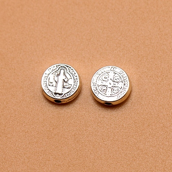 Tibetan Style Alloy Beads, Flat Round with Saint & Cross, Antique Silver, 9.5x3mm