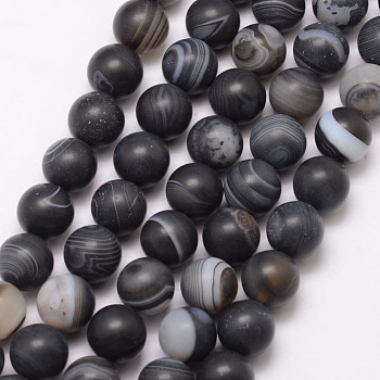 Natural Striped Agate/Banded Agate Bead Strands, Round, Grade A, Frosted, Dyed & Heated, Black, 6mm, Hole: 1mm, about 61pcs/strand, 15 inch
