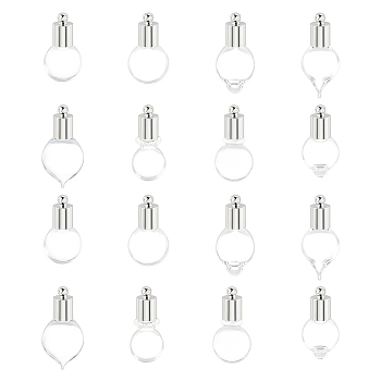 16 Sets 8 Style Transparent Glass Bottle Pendants, with Platinum Tone Brass Stopper(Detachable), Mixed Shapes, Clear, 21~25x10~12.5x6~11.5mm, 2 sets/style