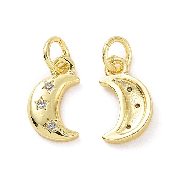 Brass Micro Pave Clear Cubic Zirconia Charms, with Jump Ring, Moon with Star, Real 18K Gold Plated, 12.5x7x2mm, Hole: 3.2mm