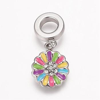 304 Stainless Steel Rhinestone European Dangle Charms, with Enamel, Large Hole Pendants, Flower, Antique Silver, 25mm, Hole: 5mm, Pendant: 14.5x12x3mm