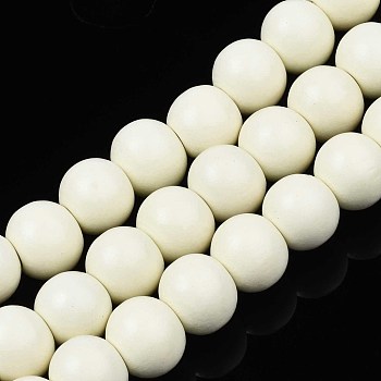 Painted Natural Wood Beads Strands, Round, Floral White, 10x8~9mm, Hole: 2~3mm, about 41~42pcs/strand, 13.98 inch~14.61 inch(35.5~37.1cm)