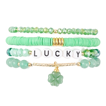 4Pcs 4 Style Glass & Polymer Clay Beaded Stretch Bracelets Set with Clover Charms, Word Lucky Stackable Bracelets for Saint Patrick's Day, Green, Inner Diameter: 2-1/8 inch(5.5cm), 1Pc/style