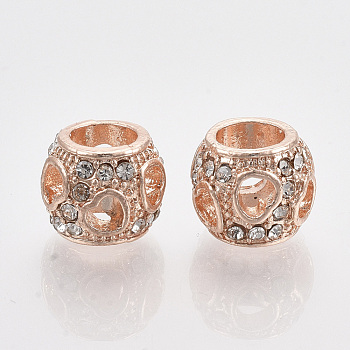 Rose Gold Plated Alloy European Beads, with Rhinestones, Large Hole Beads, Hollow, Rondelle with Heart, Crystal, 10x8mm, Hole: 5mm