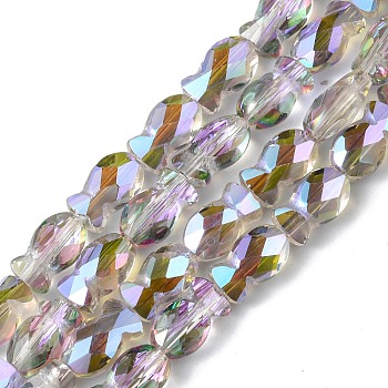 Transparent Electroplate Glass Beads Strands, Rainbow Plated, Faceted, Fish, Lilac, 10.5x6x5mm, Hole: 1.4mm, about 55pcs/strand, 21.97 inch(55.8cm)