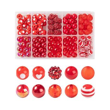 160Pcs 10 Styles Opaque & Transparent, Resin Rhinestone, Imitation Pearl and Solid Color Chewing Gum Acrylic Beads, Gumball Beads, Round, Red, 16pcs/style