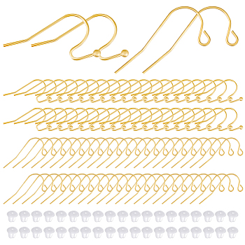 100Pcs 2 Style 304 Stainless Steel Earring Hooks, Shepherd's Hook Ear Wire, with 100Pcs Plastic Ear Nuts, Real 18K Gold Plated, 11~11.5x21~24mm, Pin: 0.6~0.7mm, 50Pcs/style
