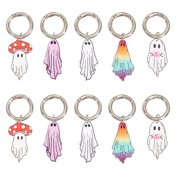 Halloween Ghost Printed Opaque Acrylic Shoe Charms, with Alloy Spring Gate Rings, Mixed Color, 71~75mm, 5 style, 2pcs/style, 10pcs/set
