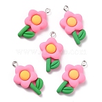 Resin Pendants, with Platinum Iron Peg Bail, Flower, Hot Pink, 31.5x17x6mm, Hole: 2mm(X-RESI-C002-33)