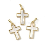Brass Pave Natural White Shell Pendants, Cross Charms, Long-Lasting Plated, Lead Free & Cadmium Free, Rack Plating, Real 18K Gold Plated, 22.5x14.5x2mm, Hole: 6x3.5mm(X-KK-Z115-12G)