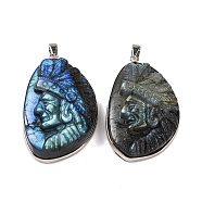 Natural Labradorite Carved Chief Pendants, Nuggets Charms with Platinum Plated Rack Plating Brass Snap on Bails, 45x27x12mm, Hole: 5x4mm(G-B085-08P)