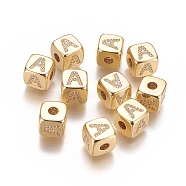 Brass Micro Pave Cubic Zirconia Beads, Horizontal Hole, Real 18K Gold Plated, Long-Lasting Plated, Cube with Letter, Clear, Letter.A, 9x9x9mm, Hole: 3.5mm(KK-K238-16G-A)