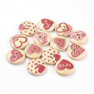 2-Hole Printed Wooden Buttons, Flat Round with Heart Pattern, Moccasin, 20x5mm, Hole: 1.5mm(WOOD-S037-001)