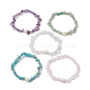 5Pcs 5 Styles Natural Rose Quartz & Quartz Crystal & Howlite & Green Aventurine & Amethyst Chip Beaded Stretch Bracelets for Women, Stackable Bracelets with Cultured Freshwater Pearl Beads, Inner Diameter: 2-1/8 inch(5.3cm), 1pc/style(BJEW-JB10935)