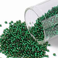 TOHO Round Seed Beads, Japanese Seed Beads, (36F) Matte Silver Lined Emerald Green, 15/0, 1.5mm, Hole: 0.7mm, about 3000pcs/bottle, 10g/bottle(SEED-JPTR15-0036F)