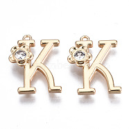 Brass Pendants, with Rhinestones, Alphabet, Golden, Letter.K, 18x13.5x2.5mm, Hole: 1mm(KK-Q768-001G-K)
