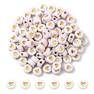 Plating Acrylic Beads, Metal Enlaced, Flat Round with Heart, White, 6.5~7x3.7mm, Hole: 1.8mm(PACR-YW0001-13)