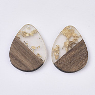 Transparent Resin & Walnut Wood Pendants, with Gold Foil, Waxed, Teardrop, Gold, 36x26.5x3.5mm, Hole: 2mm(RESI-S358-95-A01)