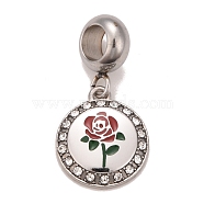 304 Stainless Steel Crystal Rhinestone European Dangle Charms, Large Hole Pendants, with Enamel, Stainless Steel Color, Flat Round with Flower, Red, 24mm, Hole: 4.5mm(STAS-F278-13P)