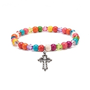 Synthetic Turquoise(Dyed) & Acrylic Beaded Stretch Bracelet with Alloy Charm for Women, Colorful, Cross Pattern, Pendant: 20x13x2mm, Inner Diameter: 2-1/8 inch(5.5cm)(BJEW-JB08627-06)