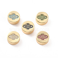 Rack Plating Brass Micro Pave Cubic Zirconia Beads, Cadmium Free & Lead Free, Real 18K Gold Plated, Flat Round with Planet  Pattern, Mixed Color, 11x5mm, Hole: 2mm(ZIRC-C035-23G)