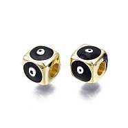 Brass European Beads, with Enamel, Large Hole Beads, Real 18K Gold Plated, Nickel Free, Cube with Evil Eye, Black, 9x10x10mm, Hole: 4mm(KK-S362-044A-NF)