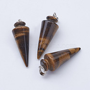 Natural Tiger Eye Pendants, with Platinum Tone Brass Findings, Cone/Spike/Pendulum, 43~45x16mm, Hole: 5x7mm(G-P236-04)