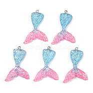 Resin Pendants, with Glitter Powder and Iron Findings, Mermaid Tail Shape, Platinum, Plum, 46x30x6mm, Hole: 2mm(X-CRES-T010-68L)