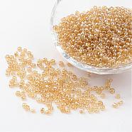 Round Glass Seed Beads, Trans. Colours Lustered, Goldenrod, Size: about 3mm in diameter, hole: 1mm, about 1097pcs/50g(X-SEED-A006-3mm-102B)