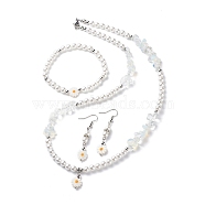 Plastic Pearl Daisy Pendant Dangle Earrings & Stretch Bracelet & Pendant Necklace, Opalite Beaded Jewelry Set for Women, White, 538mm, 50.5mm, 53mm, Pin: 0.8mm(SJEW-JS01256)