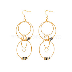 Golden 304 Stainless Steel Interlocking Rings Dangle Earrings, with Glass Seed Beaded, Black, Ring: 38mm(DT5091-1)