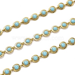 Brass Link Chains, with Enamel, Spool, Long-Lasting Plated, Unwelded, Flat Round, Golden, Deep Sky Blue, Links: 9x6x1.5mm(CHC-L039-47F-G)
