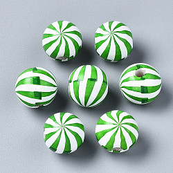 Painted Natural Wood European Beads, Large Hole Beads, Printed, Round with Stripe, Green, 16x15mm, Hole: 4mm(WOOD-S057-042B)