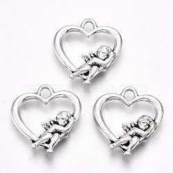 Tibetan Style Alloy Pendants, Lead Free & Cadmium Free, Heart with Angel, Antique Silver, 19.5x18x3mm, Hole: 2.5mm(X-TIBE-S323-087AS-RS)