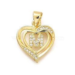 Rack Plating Brass Micro Pave Cubic Zirconia Pendants, Long-Lasting Plated, Lead Free & Cadmium Free,Real 18K Gold Plated, Heart with Letter Charms, Letter M, 17.5x15x2.5mm, Hole: 5x3mm(KK-L226-101G-M)