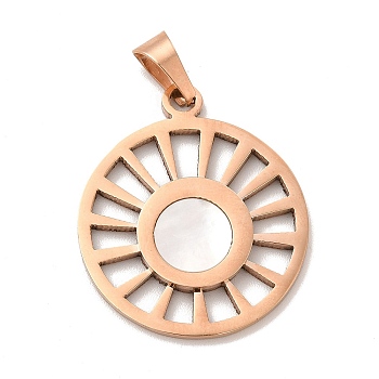 Ion Plating(IP) 304 Stainless Steel Pendants, with White Shell, Flat Round Wheel Charms, Rose Gold, 35x30x3mm, Hole: 9x5mm