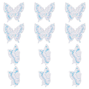 12Pcs 2 Style Butterfly Laser Effect Sequin Appliques, AB Color Paillette Embroidered Organza Appliques, for Bridal Dress, White, 8.4~9.1x5.1~9.1x0.1cm, 6pcs/style