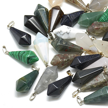 Natural & Synthetic Mixed Stone Pendants, with Random Stainless Steel Snap On Bails, Bicone, 29~33x11~12mm, Hole: 7x3.5mm or 6x2mm
