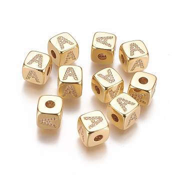 Brass Micro Pave Cubic Zirconia Beads, Horizontal Hole, Real 18K Gold Plated, Long-Lasting Plated, Cube with Letter, Clear, Letter.A, 9x9x9mm, Hole: 3.5mm
