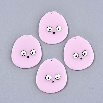 Acrylic Pendants, 3D Printed, Flat Round with Boy's face, Pearl Pink, 38.5x33x2mm, Hole: 1.5mm