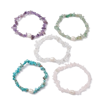 5Pcs 5 Styles Natural Rose Quartz & Quartz Crystal & Howlite & Green Aventurine & Amethyst Chip Beaded Stretch Bracelets for Women, Stackable Bracelets with Cultured Freshwater Pearl Beads, Inner Diameter: 2-1/8 inch(5.3cm), 1pc/style